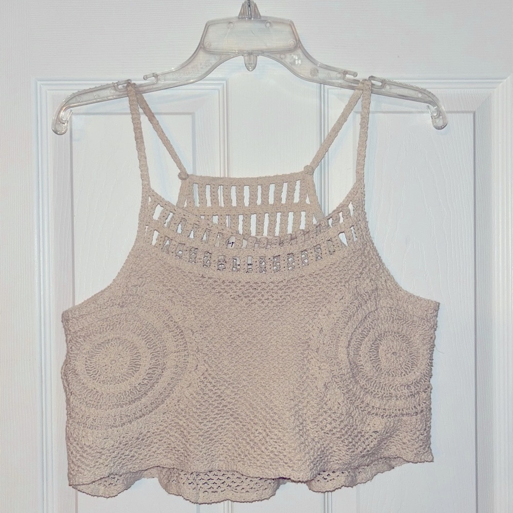 Beige Boho Inspired Crochet Sleeveless Top Medium